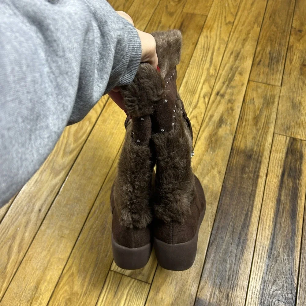 Y2K Limited Too Brown Faux Fur Wedge Boots Rhinestone Zip Up Size Unknown